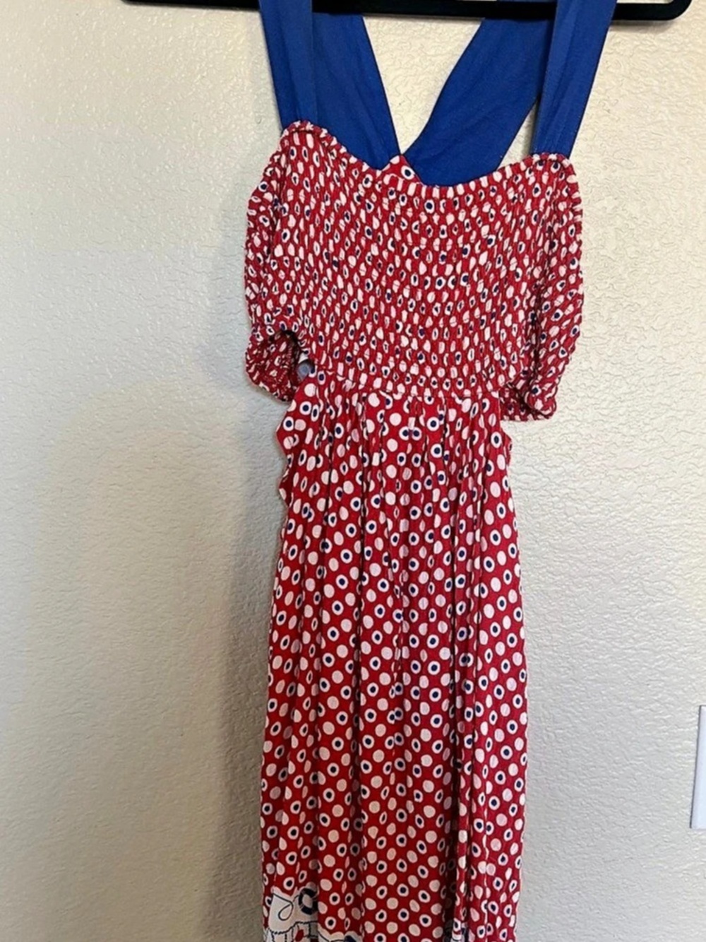 Celandine Polka Dot Mini Dress in Red & Blue Size Large Like New
